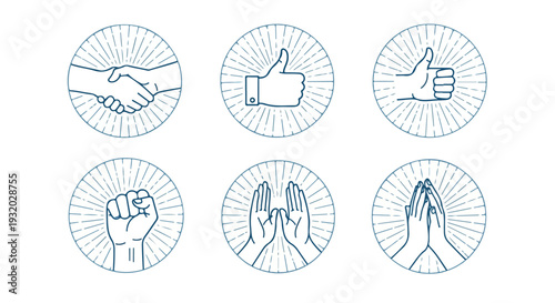 Flat lay of six blue icons depicting various hand gestures on a white background with a minimalist design style and calming mood.