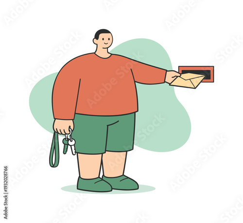 Mailing a Letter. Calm person holds an envelope toward an open mailbox slot while keys and a strap hang loosely at their side. |