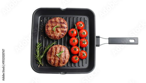 Grilling meat patties with tomatoes and rosemary on pan