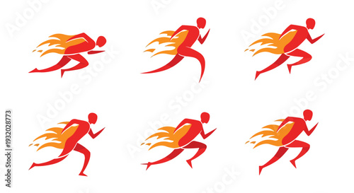 Six red and orange human figures running with flowing hair and tails on a white background in a graphic illustration.
