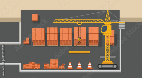 An aerial view of a construction site featuring a large yellow crane moving building materials, surrounded by stacks of blocks and safety cones.