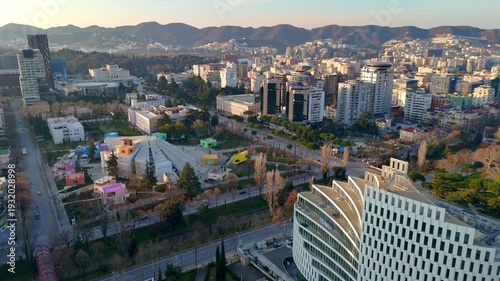 Aerial drone view of buildings downtown Tirana, Albania