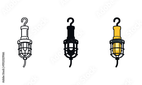 Workshop scene depicted by a hanging service lamp with protective cage and handle, uniform silhouette repeated three times across