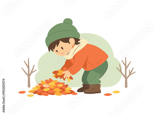 Sunny child gathers fallen leaves into a neat pile, bending to pick bright shapes as trees stand bare nearby quietly outside