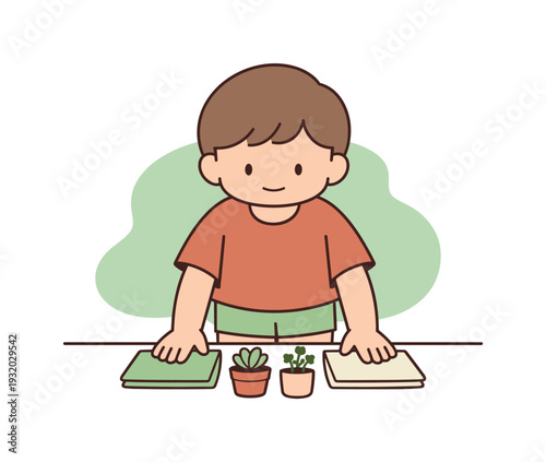 Fresh child decorates a table with napkins and small plants, aligning items neatly while hands pause and smile stays calm today.!