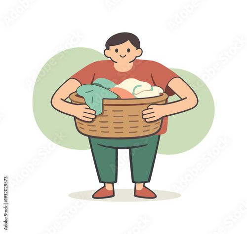 Gentle Laundry Carrier. Gentle person carries laundry in a basket, arms reaching forward as soft clothes fold inward and balance