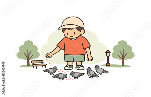 Quiet child feeds birds in a park, small hands scattering crumbs as pigeons gather close and trees frame the open path | child