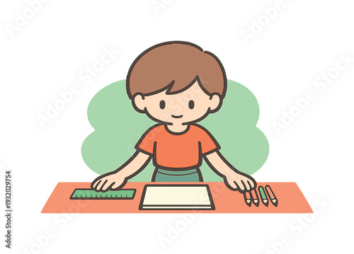 Warm child arranges desk items neatly, pencils aligned, ruler straightened, notebook centered, hands moving with calm focus. |