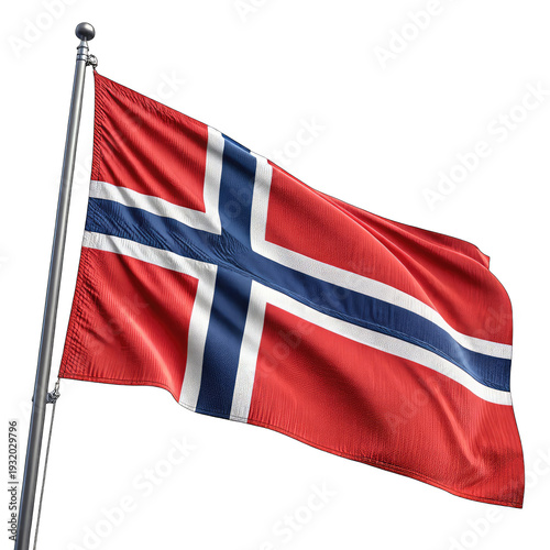 Detailed image of the norway national flag waving on a silver flagpole with a clean design and red white and blue colors on transparent background
