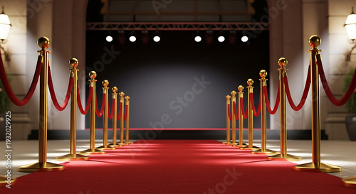 Red Carpet Entrance with Gold Stanchions and Velvet Ropes in Front of an Empty Stage Background