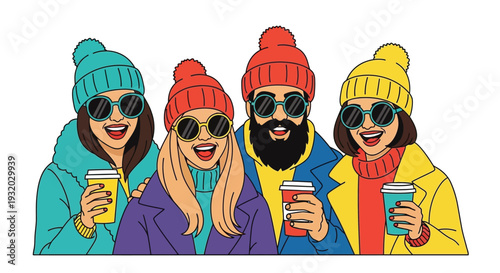 Four friends cheerfully enjoying warm beverages in colorful winter attire