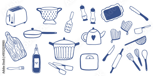 Set of hand-drawn vector illustrations of kitchen utensils: frying pans, pots, rolling pin, toaster. A minimalist line style with a trendy aesthetic, perfect for menus, packaging, and social media.