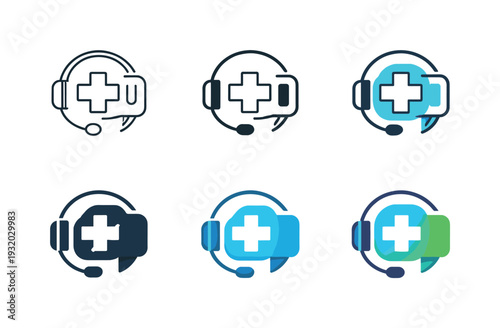 Virtual healthcare icon showing a medical cross with headset and speech bubble, representing healthcare service support,