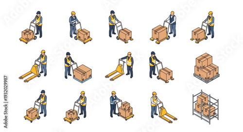 Isometric illustration of warehouse workers moving packages and using equipment