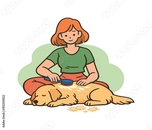 Sunny person brushes a dog calmly on the floor, guiding strokes along fur as loose hairs gather and the pet stays relaxed. |