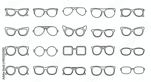 Collection of various black outline eyeglasses and sunglasses designs