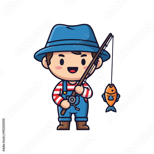 Cute Fisherman Character Holding a Fishing Rod with a Fish, Adorable Fisher Boy Mascot Wearing a Blue Hat and Striped Shirt, Fishing Hobby Illustration Isolated on White Background