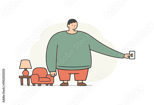 Quiet person reaches toward a wall switch, lowering the lights as a lamp and chair rest nearby in a calm evening room. | dimming