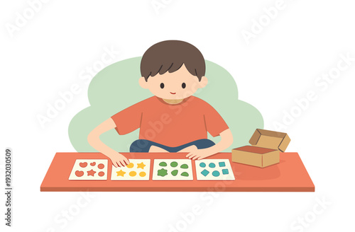 Quiet child sorts stickers by color at a desk, sheets spread neatly, hands moving slowly, box open nearby calm afternoon scene ok
