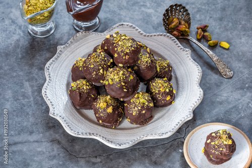 Dubai chocolate truffles with pistachio and kadaifi filling
