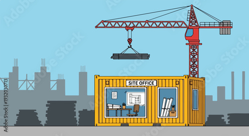 A flat vector illustration depicts a bustling construction site with a red tower crane, a yellow container site office, and city outlines.