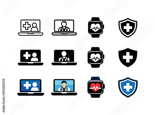 Icon object one for remote patient access, icon object two for virtual medical consultation, icon object three for digital health