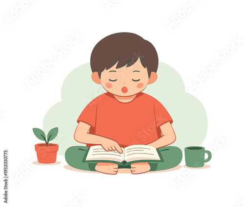 Quiet child practices reading aloud with an open book, lips moving softly, finger following lines, voice steady. today inside