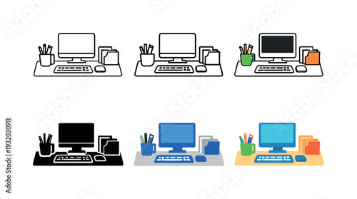 Tidy desk icon showing an organized workspace with computer, stationery, and documents arranged neatly on a desk, representing