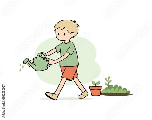 Light child carries a watering can carefully across the garden, arms steady as water sloshes and plants wait nearby. | watering