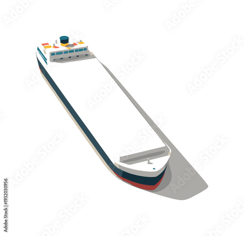 Modern cargo ship sailing on a calm sea with a long shadow cast on the water