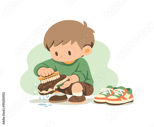 Fresh child cleans muddy shoes with a brush, scrubbing soles carefully as water drips and pairs rest nearby neatly. | cleaning