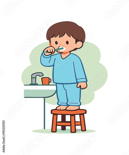 Evening child stands on a stool brushing teeth before sleep, bathroom light dim, pajamas loose, cup and toothbrush nearby by sink