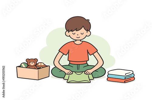 Above child helps clean a room, folding clothes on the floor, toys sorted into a box, window light calm. nearby today inside now.