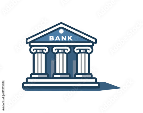 Classic bank building with columns and the word BANK on a blue facade