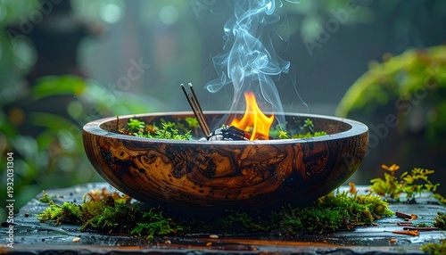 Smoking Incense Bowl on Mossy Surface.