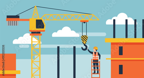 A flat vector illustration shows a construction site with a large yellow tower crane, a worker on a ladder, and partially built orange structures under a blue sky.