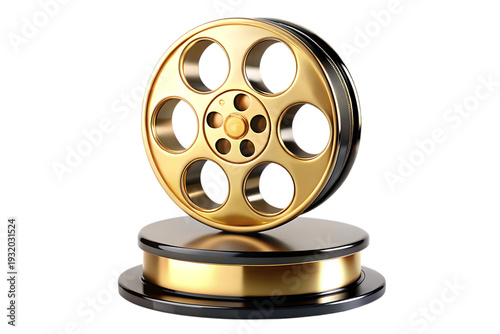 golden film reel trophy with black base isolated on white background  png, ai generated
