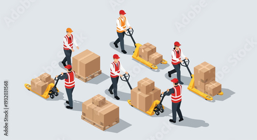 Isometric illustration of warehouse workers moving cardboard boxes with pallet jacks