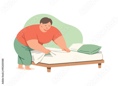 Gentle person smooths sheets over a mattress, tucking corners while pillows wait nearby on a simple bed frame calm morning light!