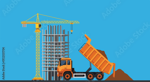 Flat vector art illustrating a busy construction site featuring a tall yellow crane, a multi-story building frame, and a dump truck unloading dirt.