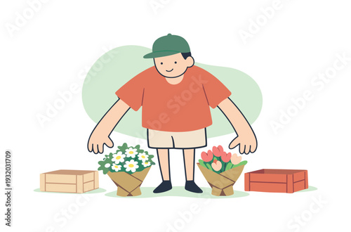 Young person in a cap arranging bouquets of flowers next to wooden crates