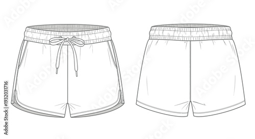 Technical illustration of a pair of women s athletic shorts