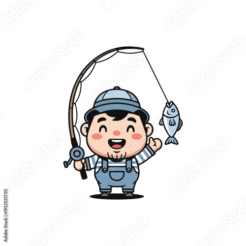Cute Fisherman Character Holding a Fishing Rod with Fish, Adorable Fisher Boy Mascot Wearing Overalls and Hat, Fishing Hobby and Seafood Concept Illustration Isolated on White Background