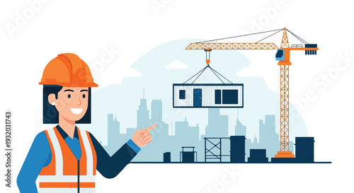 A smiling female construction worker in an orange hard hat and safety vest points towards a city skyline with a crane lifting a modular building.