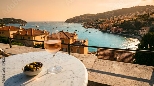 Copa de vino rosado y aceitunas en una terraza con vistas panorámicas al mar Mediterráneo durante el atardecer