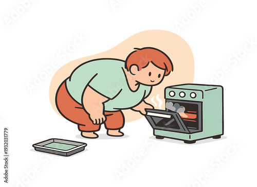 Fresh person bends to check an oven, opening the door slightly as warm air escapes and a tray waits inside on the floor nearby.