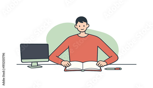Gentle person prepares a workspace at a desk, opening a notebook, pen placed parallel, screen wiped clean. | workspace, desk