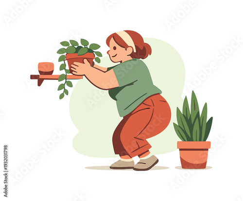 Woman tending to houseplants on a shelf, surrounded by greenery and a potted plant
