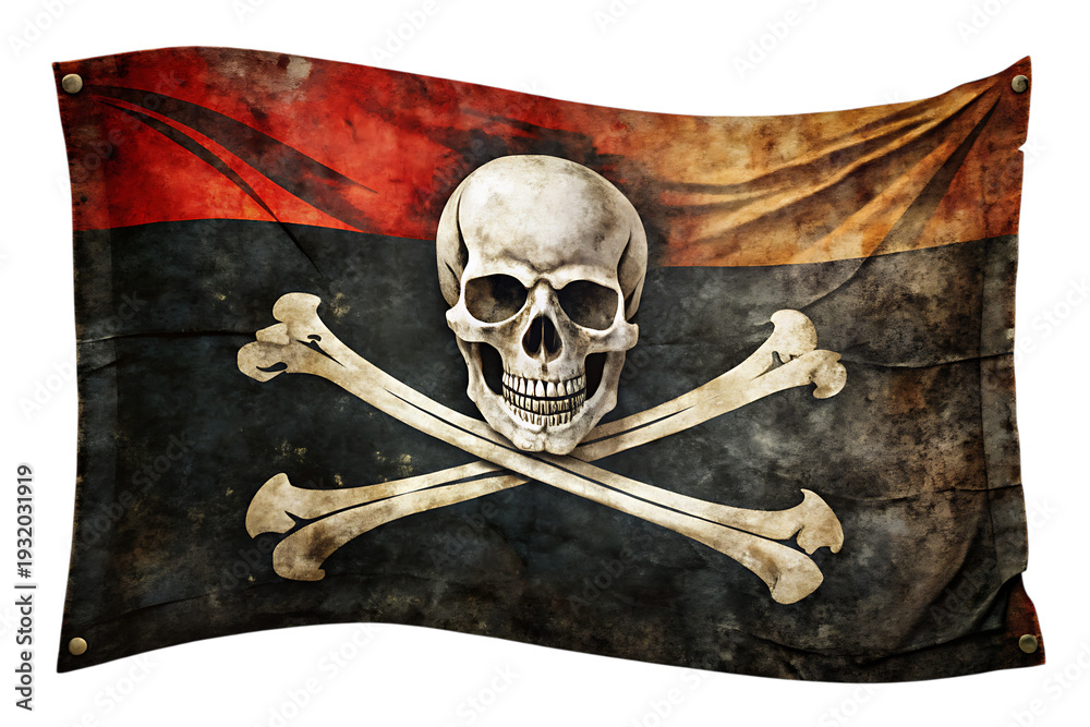 Fototapeta premium grunge jolly roger pirate flag with skull symbol isolated on white background png, ai generated