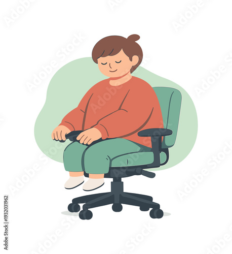 Cozy person adjusts a desk chair, cushion settling softly, posture easing, hands releasing controls slowly. | desk chair,